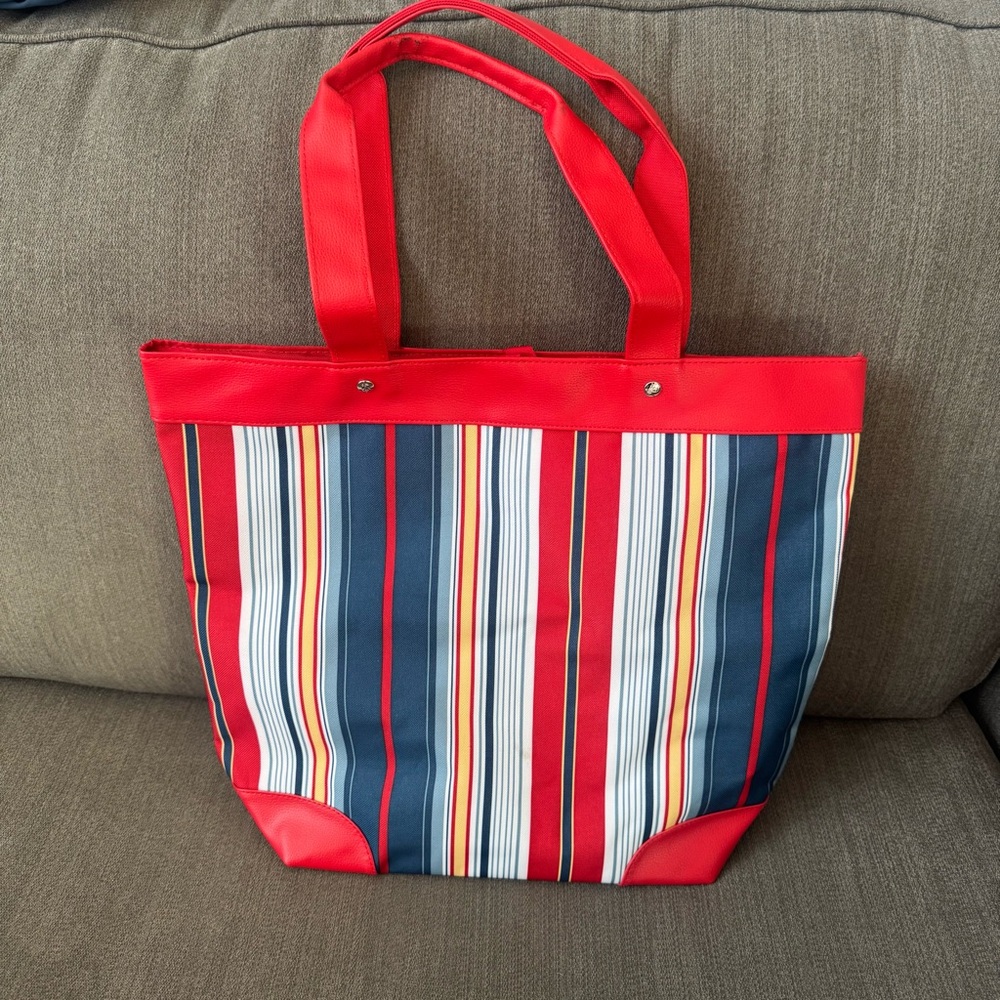 Lancôme Red Striped Tote Bag with Matching Plastic Striped Pouch‎